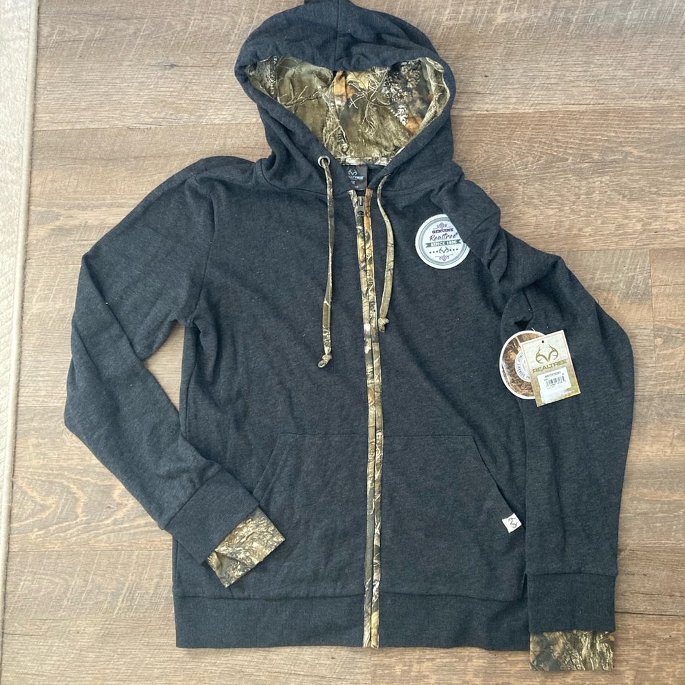Real Tree | Charcoal Grey & Camouflage Zip Up Hoodie with Thumb Hole Sleeves
